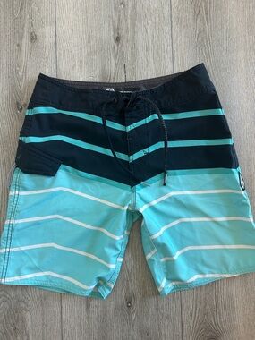 Volcom Aqua and Navy Striped Board Shorts